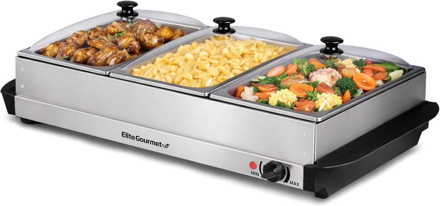 Elite Gourmet Triple Buffet Server with Temperature Control, 7.5 Qt To