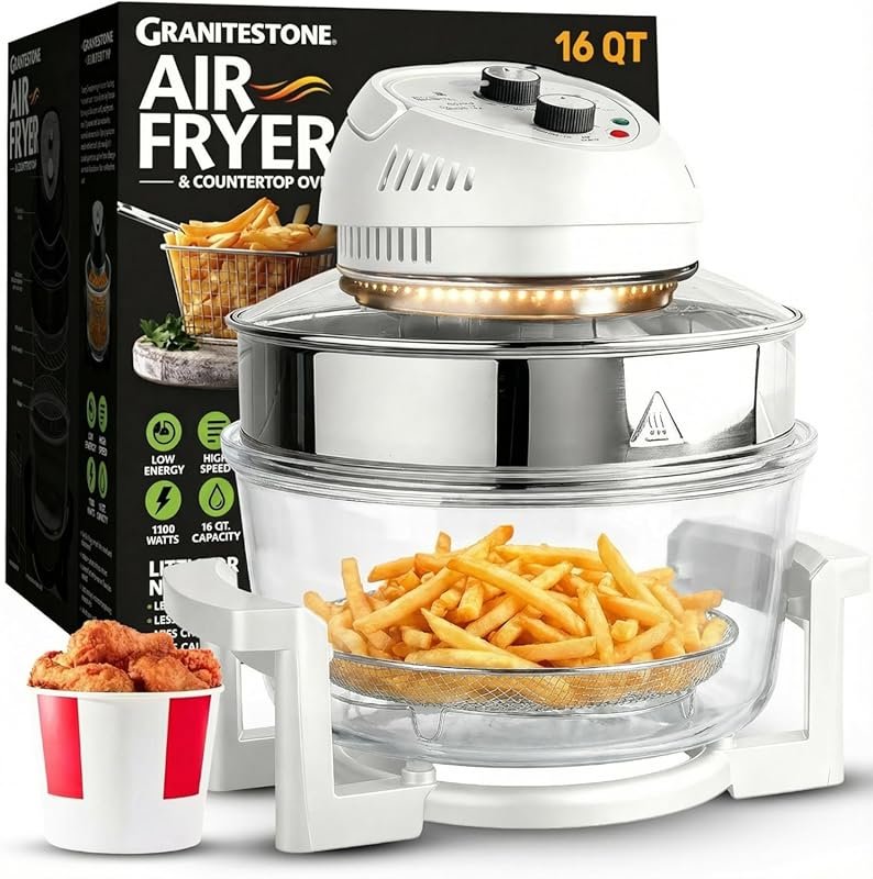 Granitestone 16Qt Large Non-Toxic Glass Air Fryer with 3 Cooking Secti