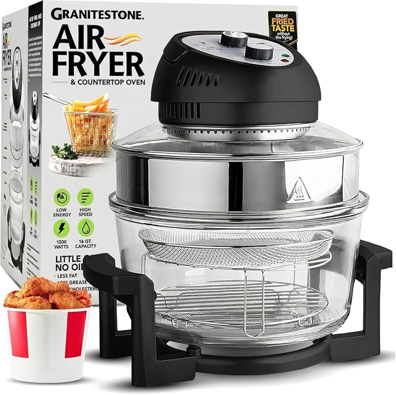 Granitestone 16Qt Non-Toxic Glass Air Fryer – Family Cooker with 3 Sec