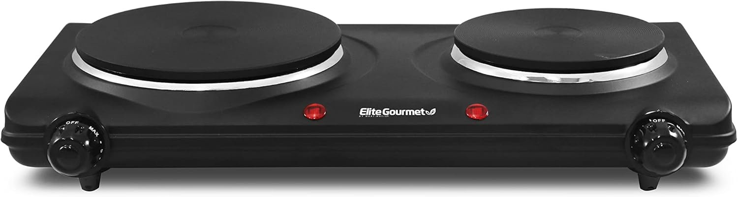 Elite Gourmet Double Cast Iron Burner 1500W, Electric Hot Plate, Temp 