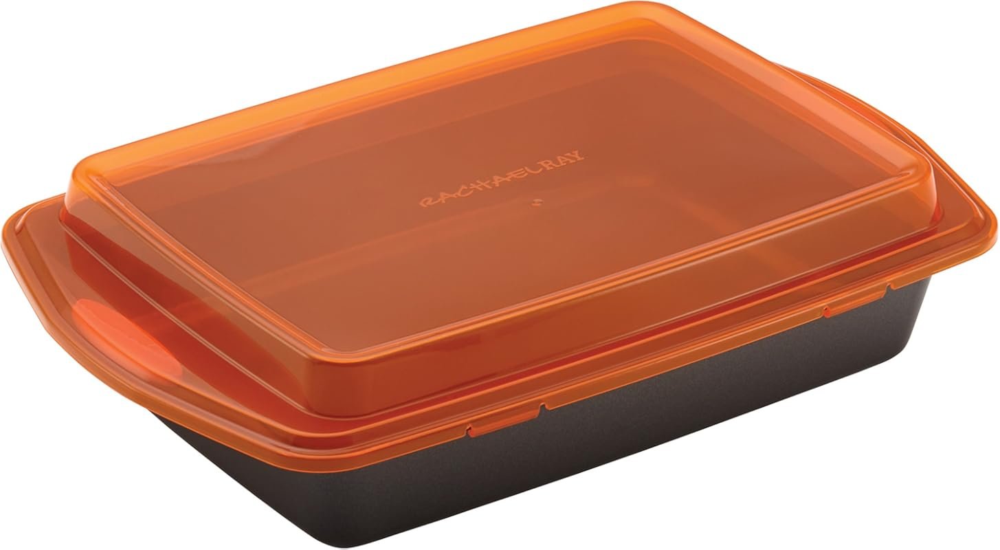 Rachael Ray Nonstick 9x13 Inch Baking/Cake Pan with Lid and Grips, Gra
