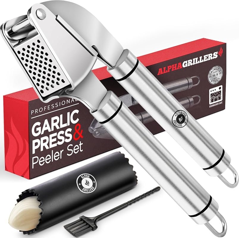 Alpha Grillers Stainless Steel Garlic Press with Silicone Peeler & Bru
