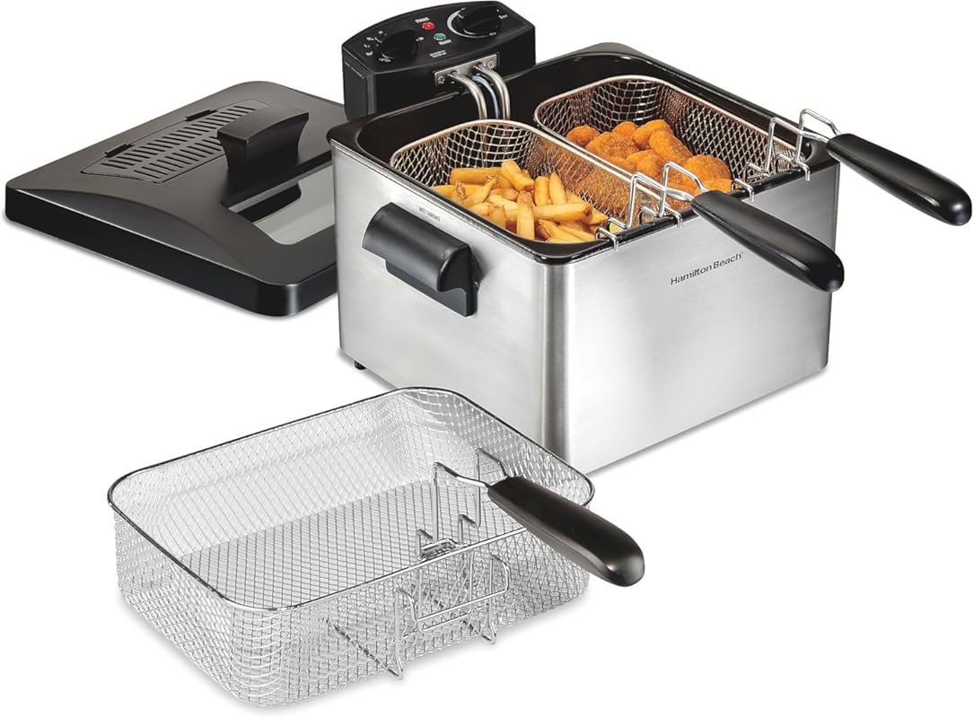 Hamilton Beach 4.5L Electric Deep Fryer – 1800W, 3 Baskets, Lid, Temp 