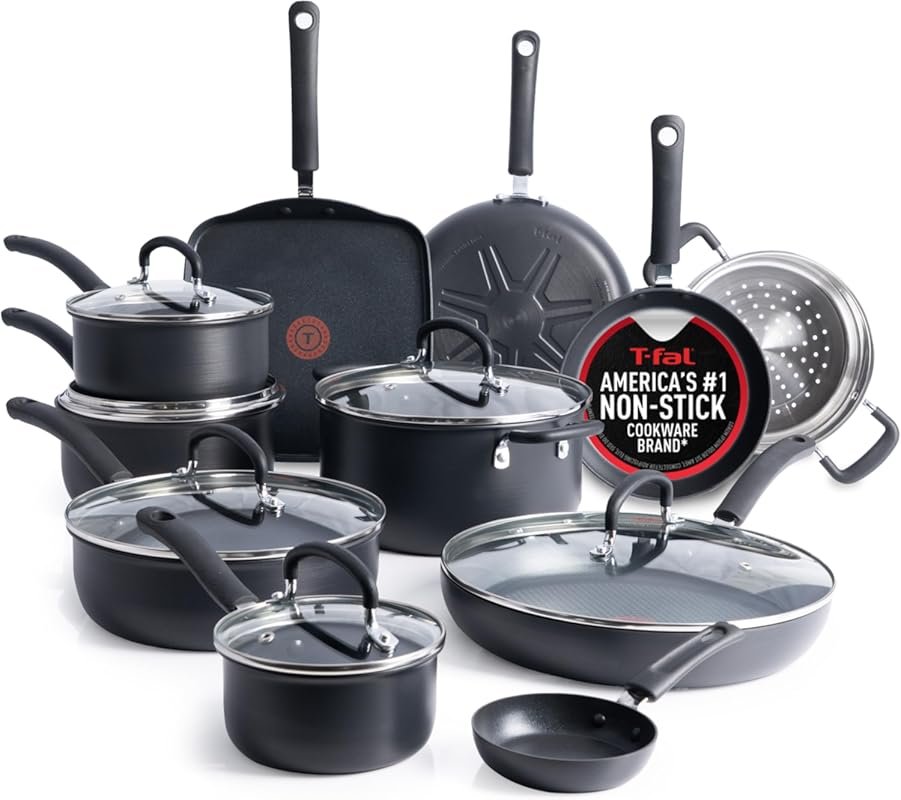 T-Fal 17 Piece Hard Anodized Nonstick Cookware Set – Dishwasher Safe,