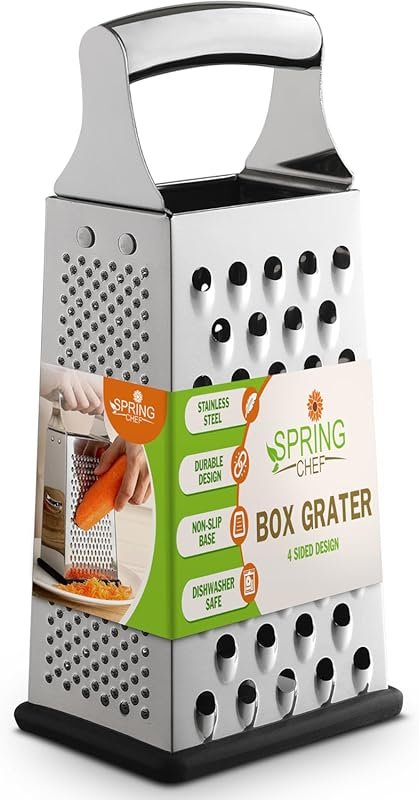 Spring Chef Large Professional Parmesan Box Grater, 4-Sided Stainless 