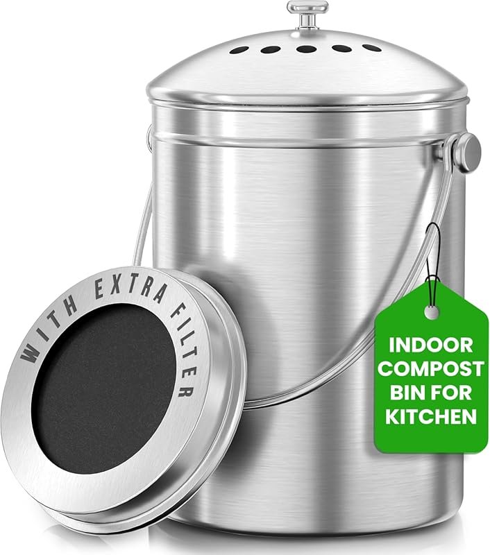 Utopia Kitchen Stainless Steel Compost Bin, 1.3 Gallon with Charcoal F