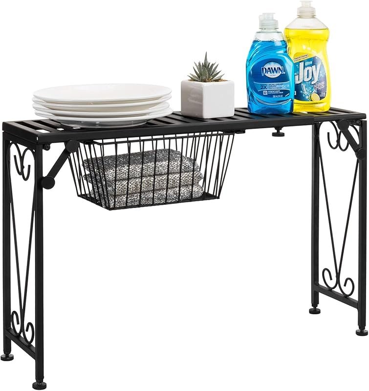 MyGift Black Metal Over Sink Shelf with Pull-Out Drawer – Expandable K