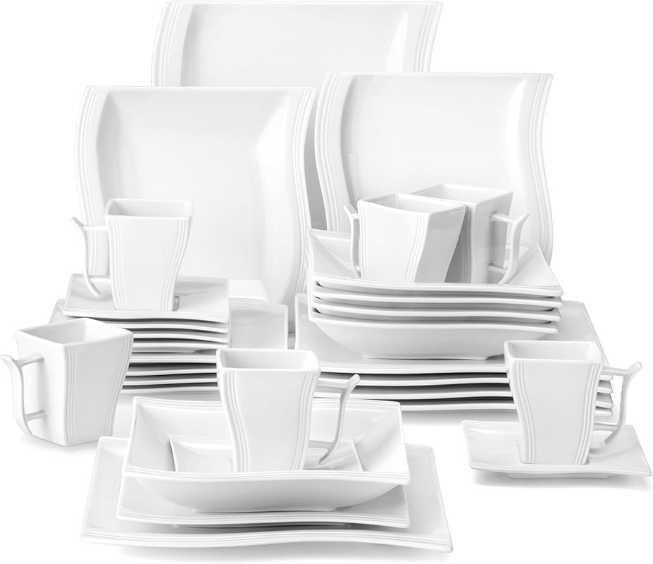 MALACASA Flora Series 30-Piece Ivory Square Porcelain Dinnerware Set f