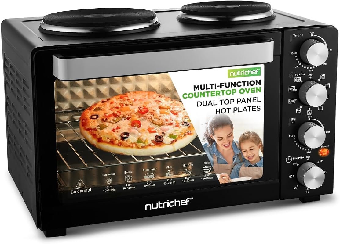 NutriChef 30 Quart Convection Oven & 2 Burner Cooker, 1500W, Rotisserie & Bake Functions