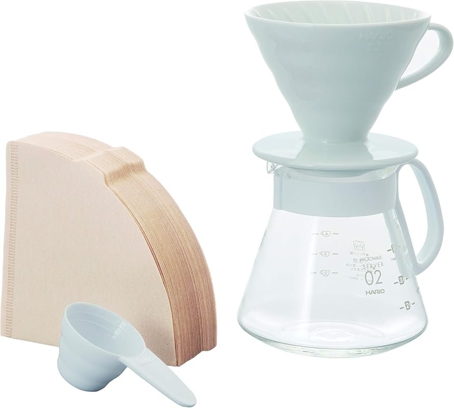 Hario V60 Ceramic Pour Over Coffee Set, Size 02 in White