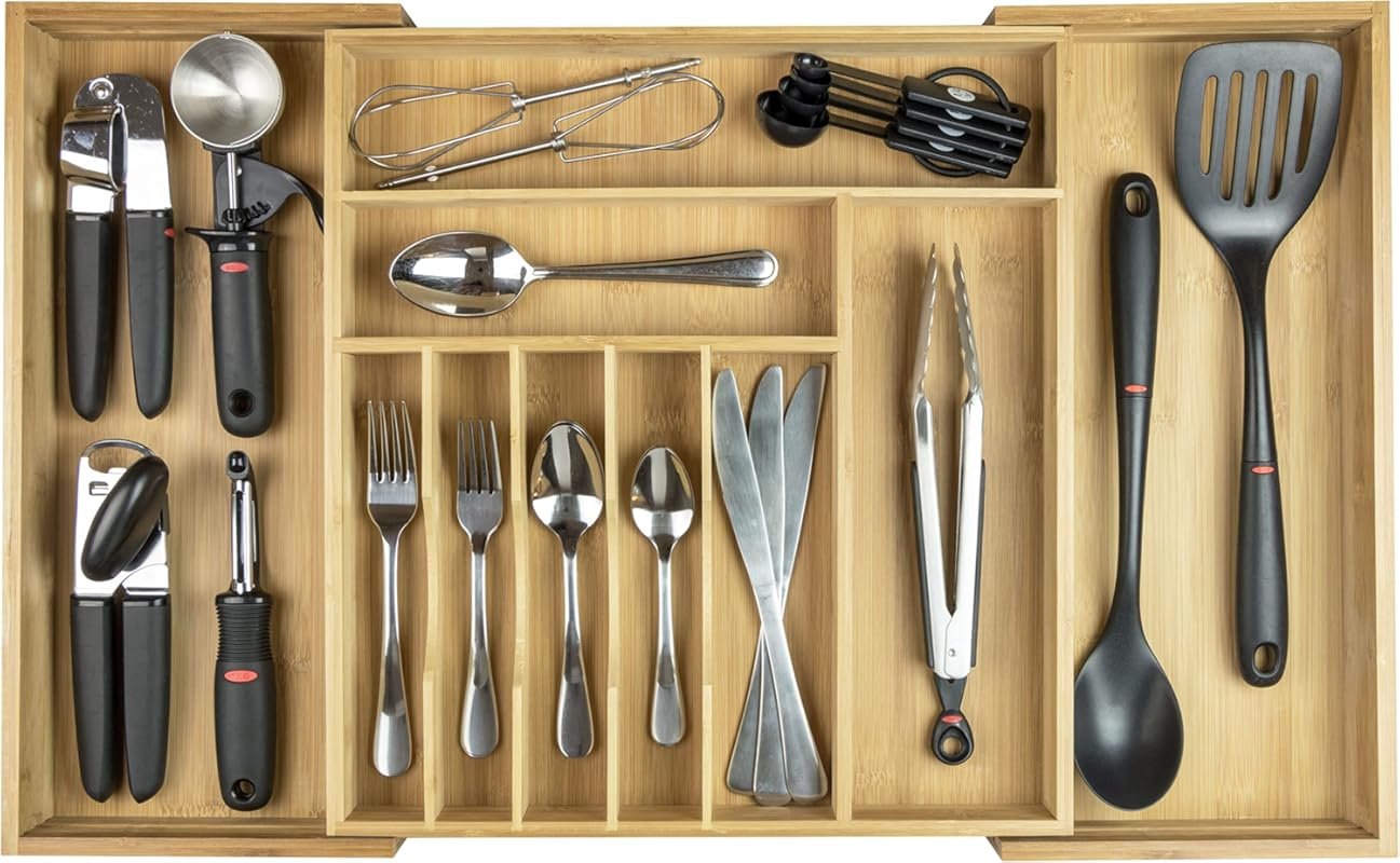 KitchenEdge Premium Bamboo Expandable Silverware Organizer, Food-Safe 