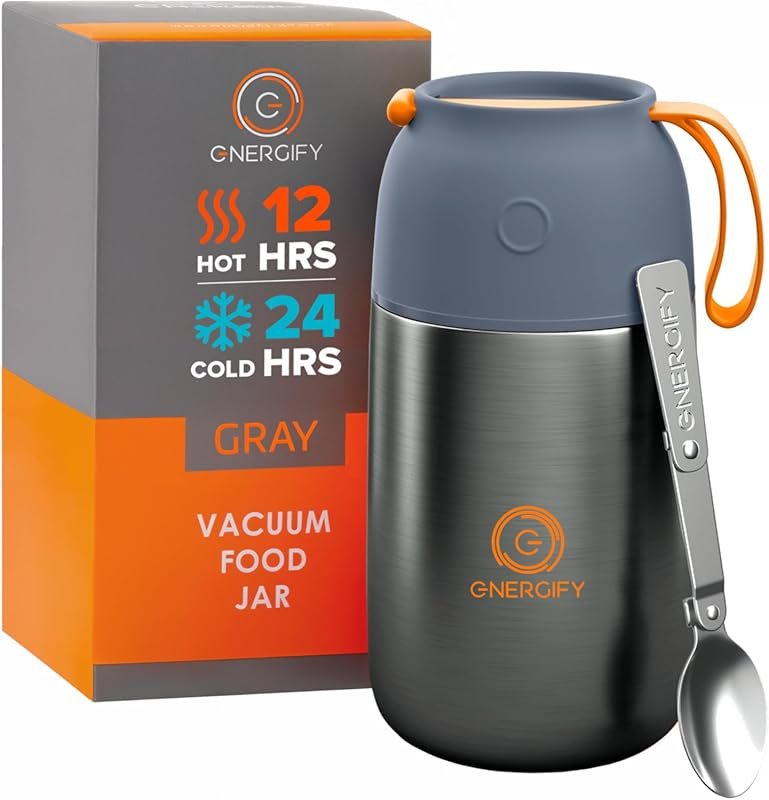 ENERGIFY 24oz Vacuum Insulated Wide Mouth Food Jar with Folding Spoon,