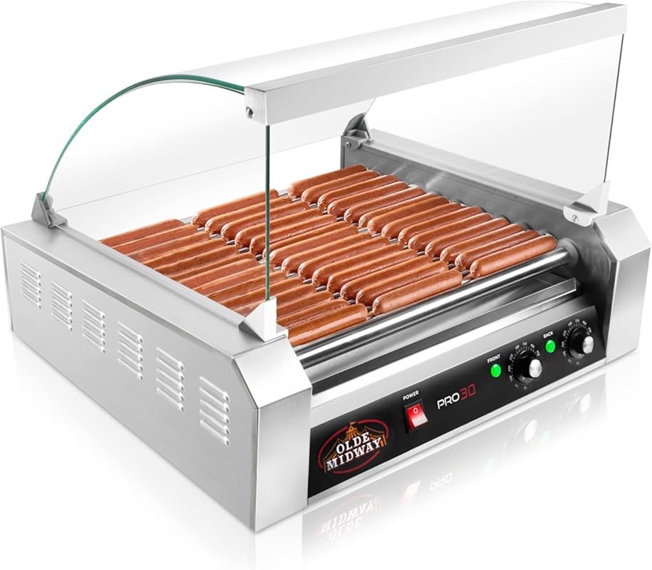 Olde Midway 30-Hot-Dog Commercial Electric Grill with Cover, 11 Roller