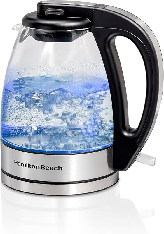 Hamilton Beach 1L Glass Electric Kettle with Soft Blue LED, Cordless, 