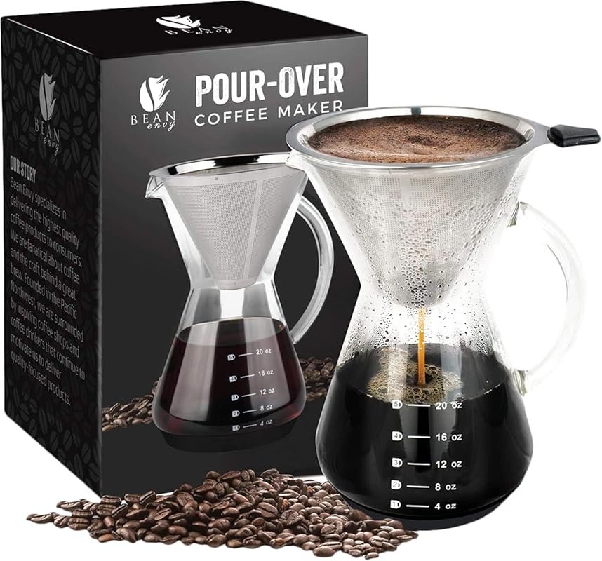 Bean Envy 20oz Pour Over Coffee Maker with Reusable Stainless Steel Fi