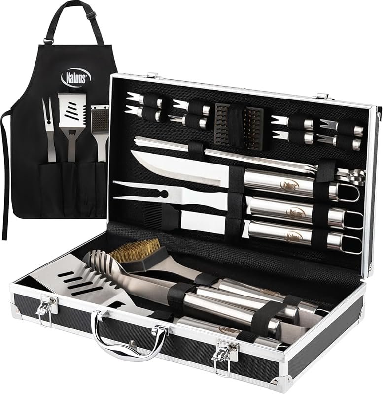 Heavy Duty Stainless Steel BBQ Tool Set with Aluminum Case and Apron, 