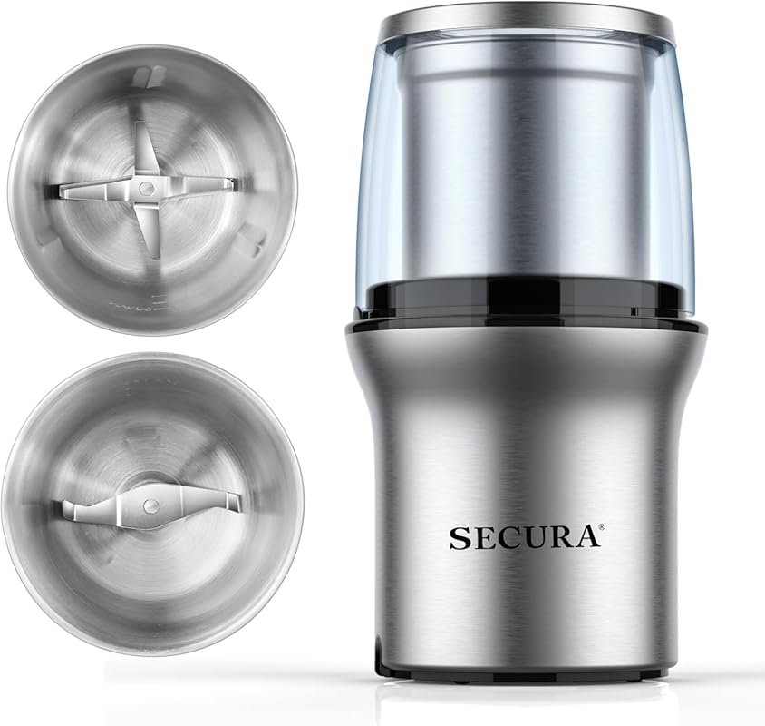 Secura Coffee and Spice Grinder with 2 Stainless Steel Blades & Remova