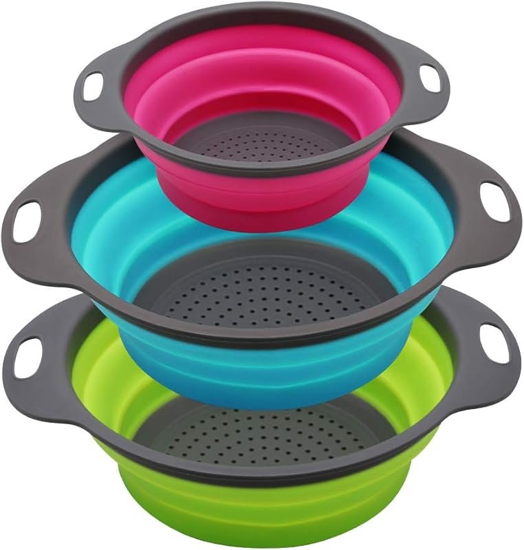 Qimh Collapsible Colander Set of 3, 2x4Qt & 1x2Qt Silicone Strainers f