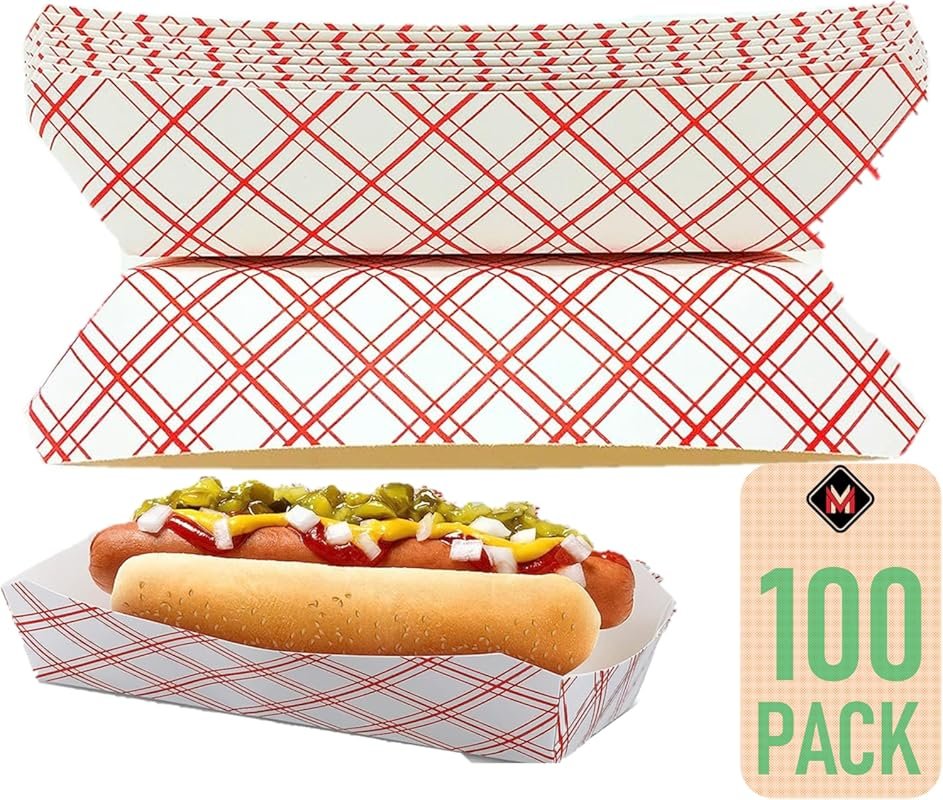 Mr Miracle 7-Inch Red & White Paper Hot Dog Trays, 100-Pack Biodegrada