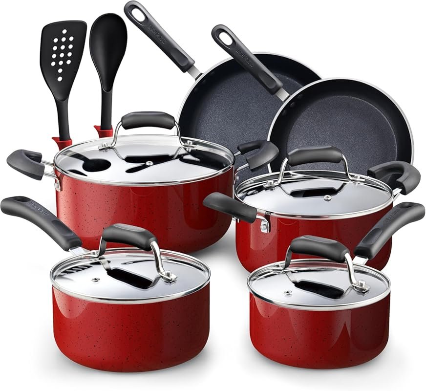 Cook N Home 12-Piece Marble Red Nonstick Induction Cookware Set with F