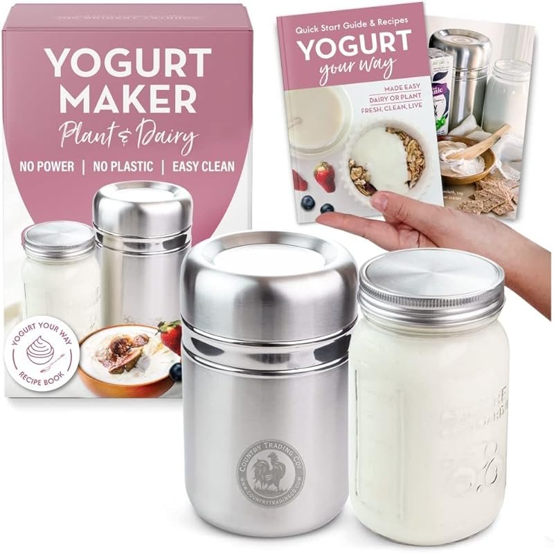 Stainless Steel Yogurt Maker with 1 Quart Jar & Recipe Book for Easy H