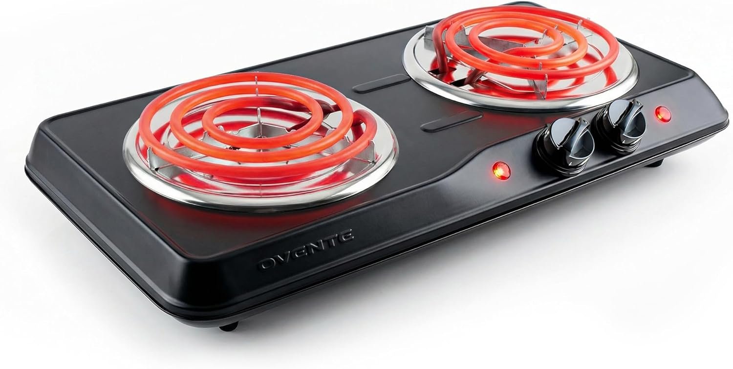 OVENTE Double Burner Cooktop, 1700W with Dual Coil Hot Plates, 5-Temp 