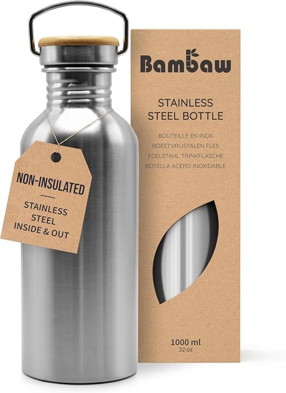 Bambaw 32 oz Non-Insulated Stainless Steel Water Bottle, Eco Friendly 