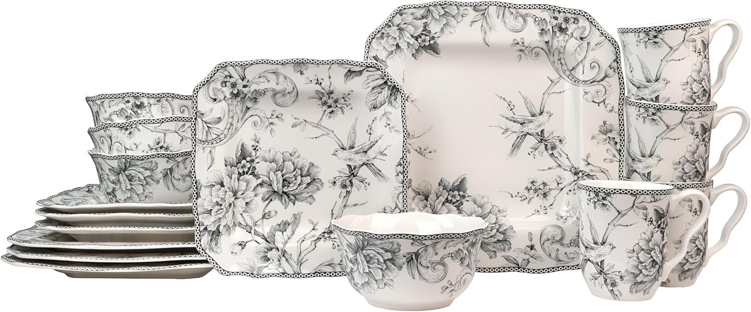Adelaide Grey 16-Piece Floral Porcelain Dinnerware Set, Stackable & Ch