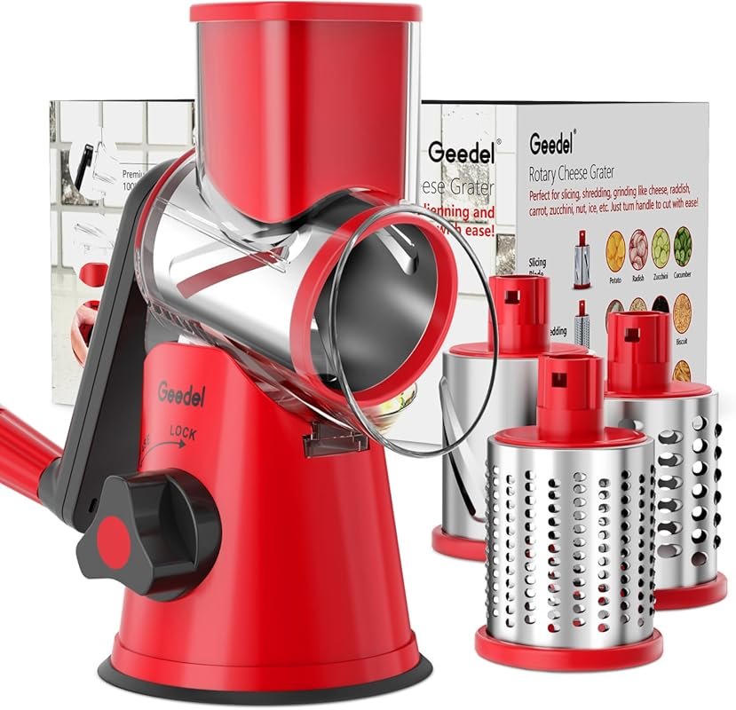 Geedel Rotary Cheese Grater with 3 Interchangeable Blades for Fruit, V