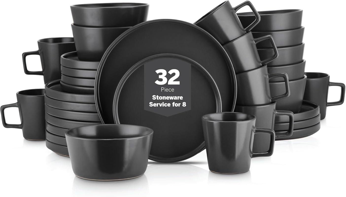 Stone Lain Celina 32-Piece Black Matte Stoneware Dinnerware Set for 8,