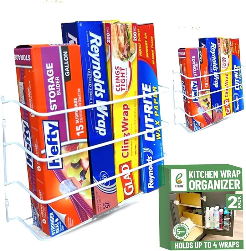 Evelots Kitchen Wrap Organizer – 2 Pack, Holds Plastic Wrap, Aluminum 