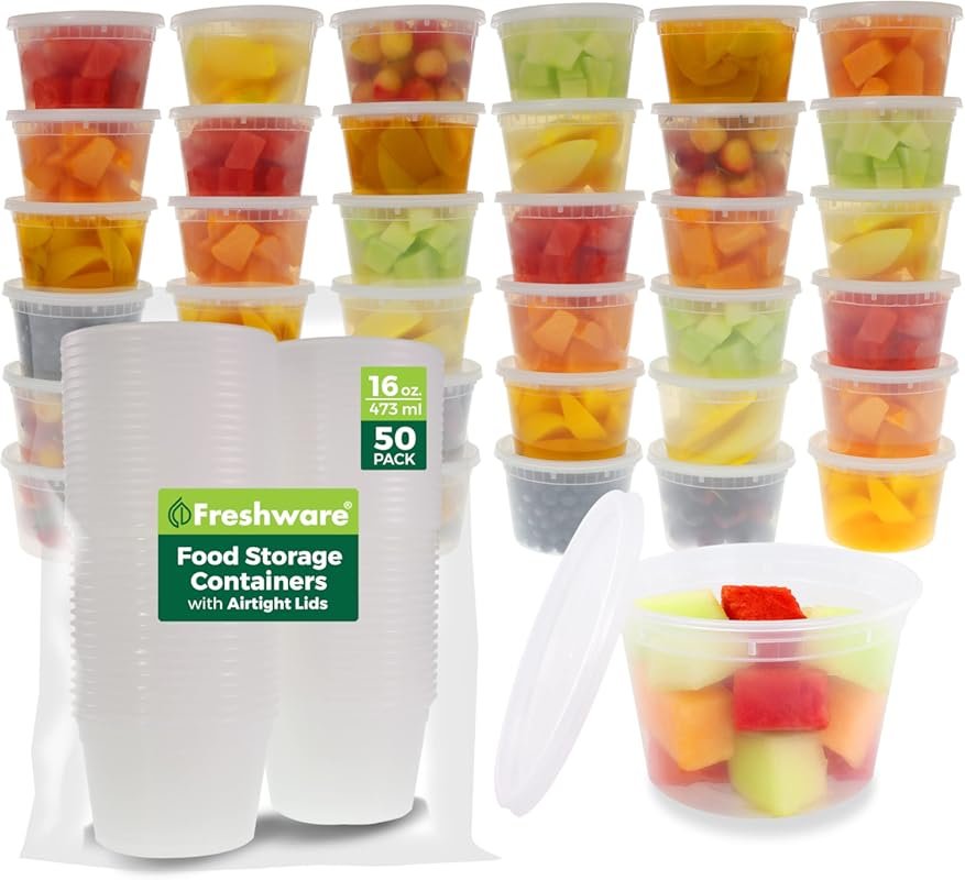 Freshware 50-Pack 16 oz BPA-Free Stackable Leakproof Microwave Safe De