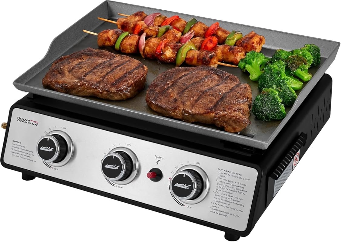 Portable 3-Burner Tabletop Gas Griddle, 25,500 BTU, 304 Sq.in Surface for Camping & Tailgating