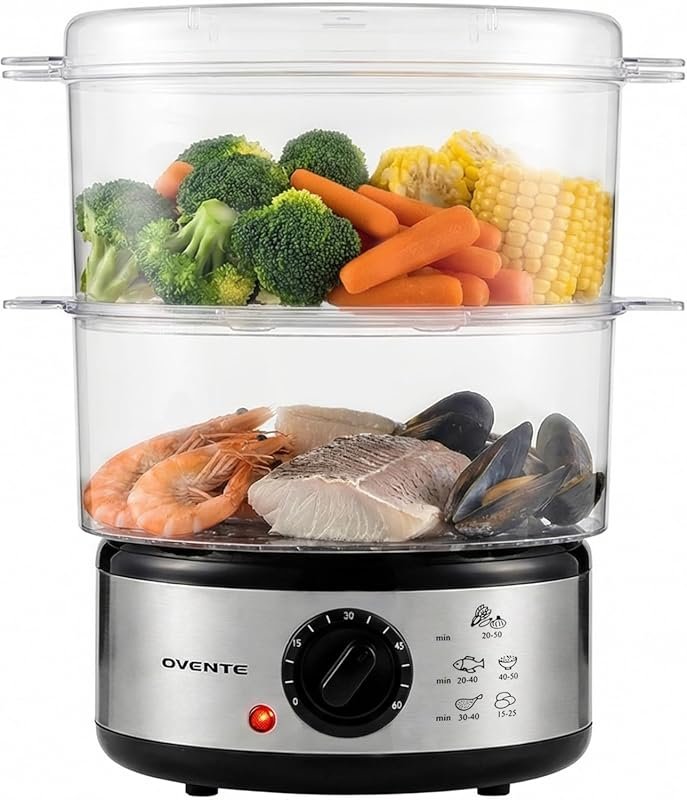 OVENTE 2-Tier Electric Food Steamer, 5 Quart Dishwasher Safe with Time