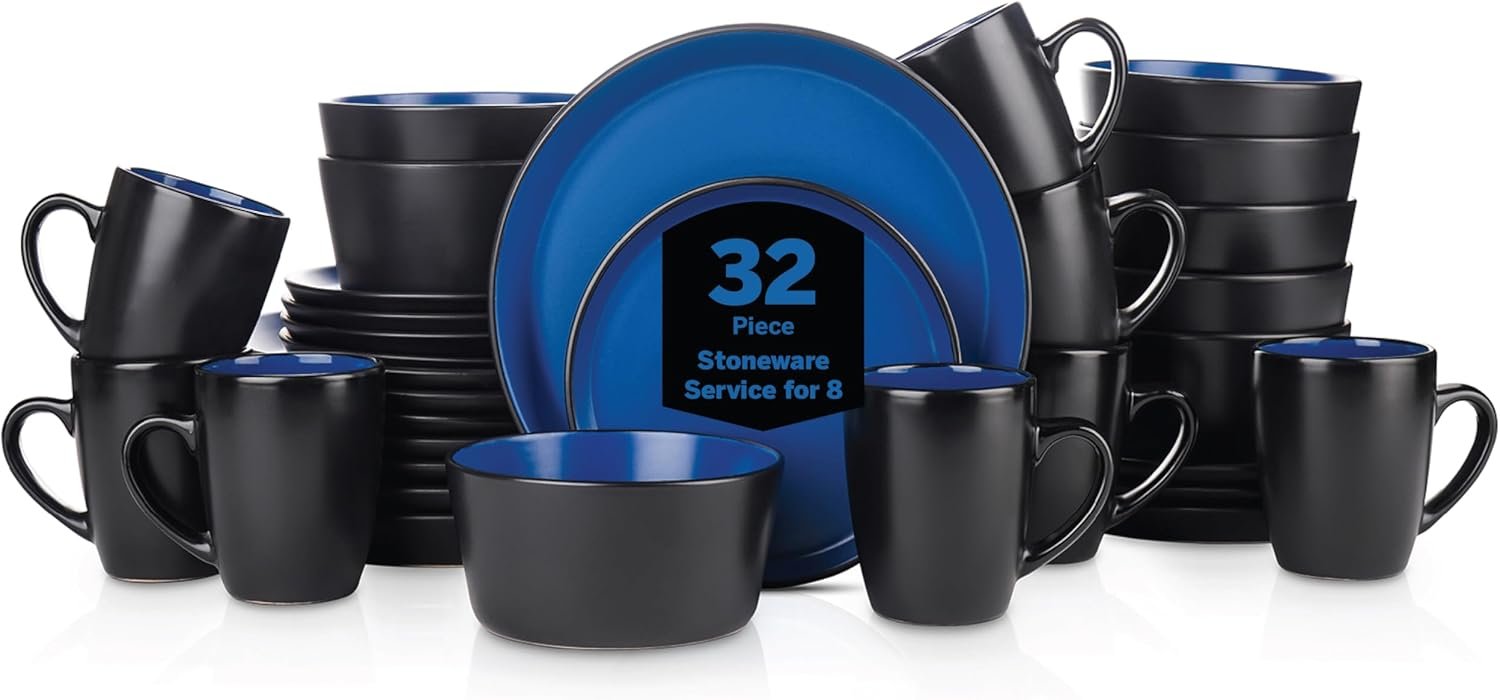 Stone Lain Albie 32-Piece Modern Stoneware Dinnerware Set for 8, Blue 