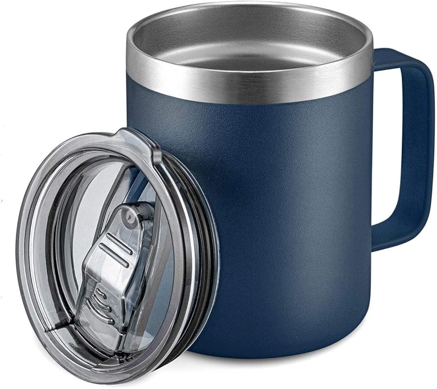 ALOUFEA 12oz Double Wall Vacuum Insulated Coffee Mug with Handle & Sliding Lid, Navy