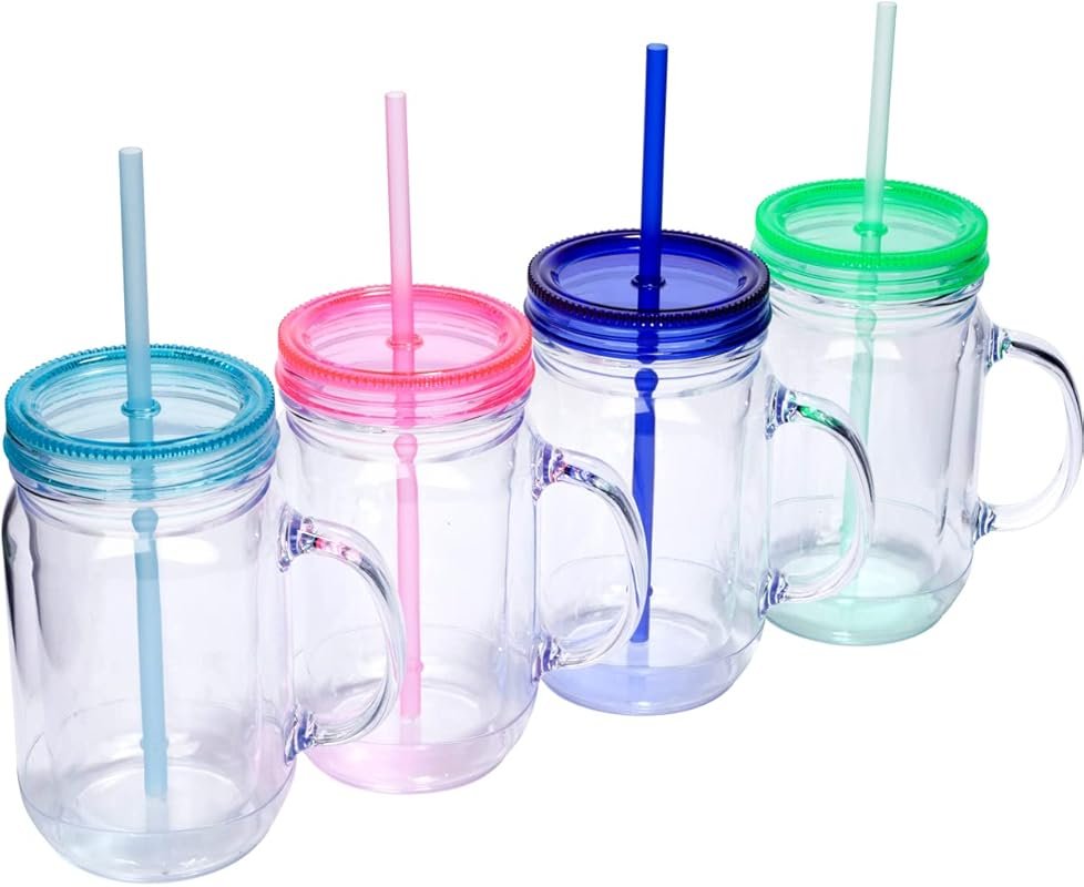 Double-Insulated Mason Jars with Handles, Lids & Straws, 4 Pack 20oz T