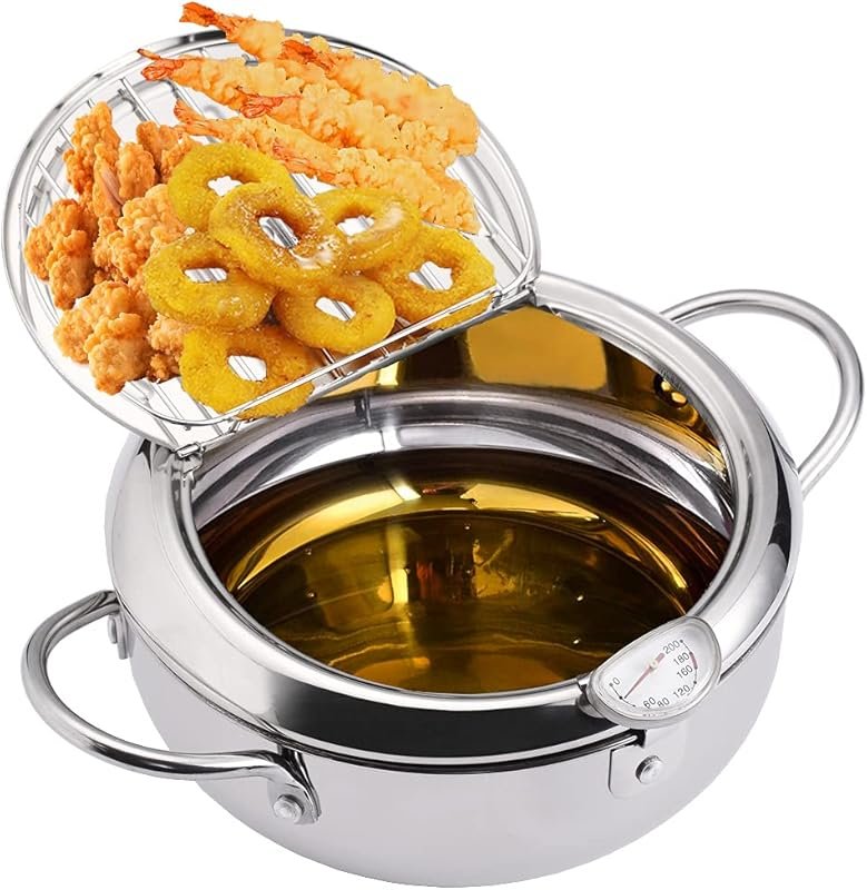 Stainless Steel Tempura Fry Pot with Thermometer, 8 Inch Mini Size for