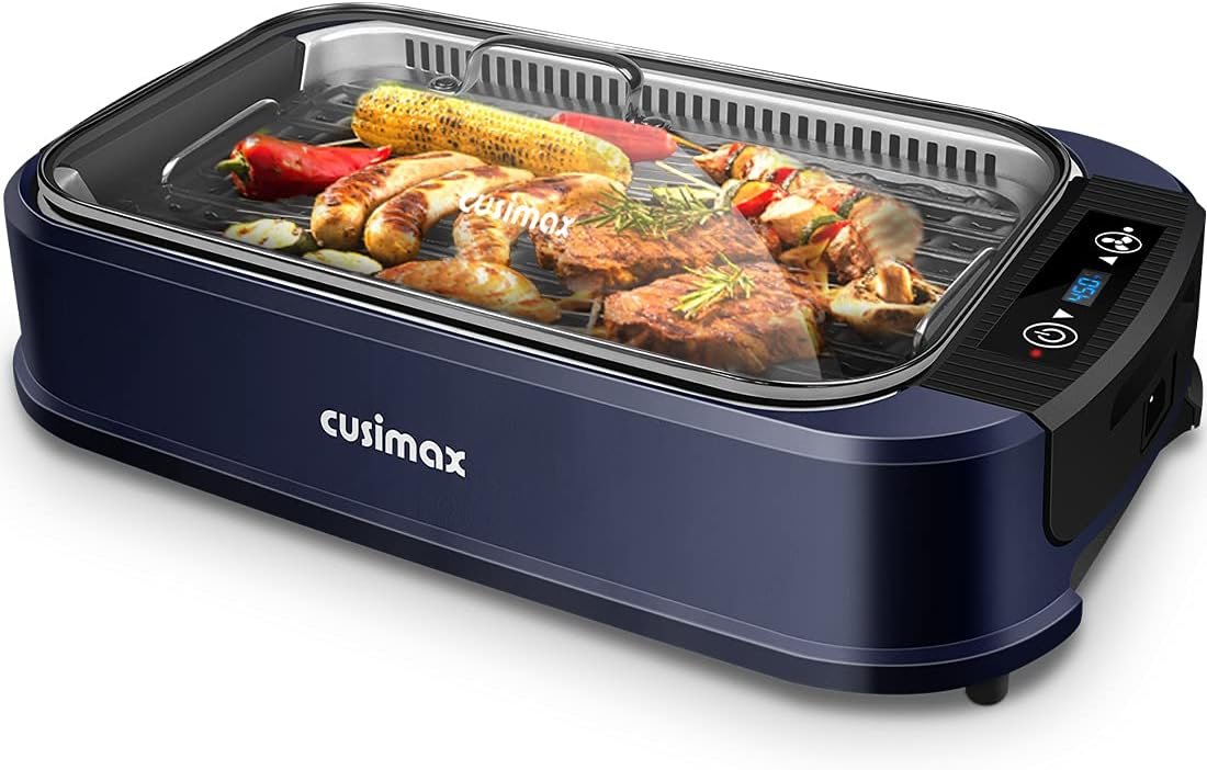 CUSIMAX Portable Smokeless Indoor Grill with Glass Lid & Turbo Smoke E