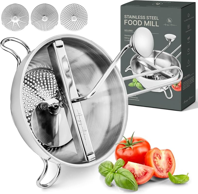 Stainless Steel Food Mill with 3 Discs – Ergonomic Rotary Hand Crank f