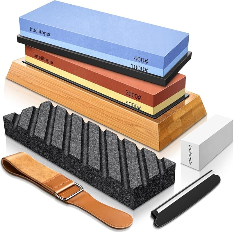 Intelitopia Dual Grit Whetstone Sharpener Set with Leather Strop, Bamb