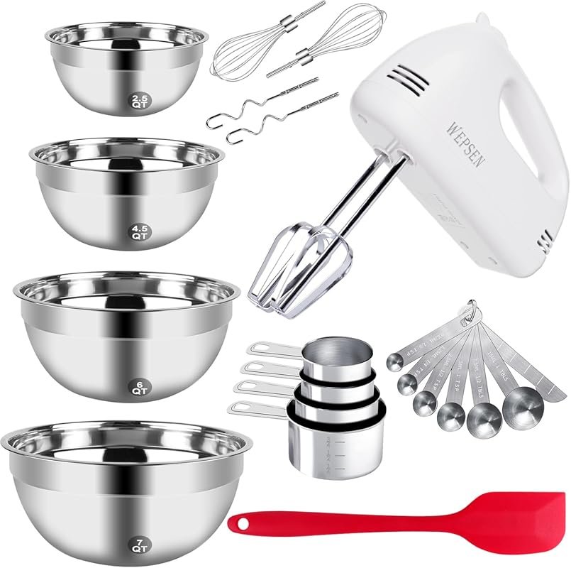 5-Speed Hand Mixer with 4 Nesting Bowls, Stainless Steel Attachments &