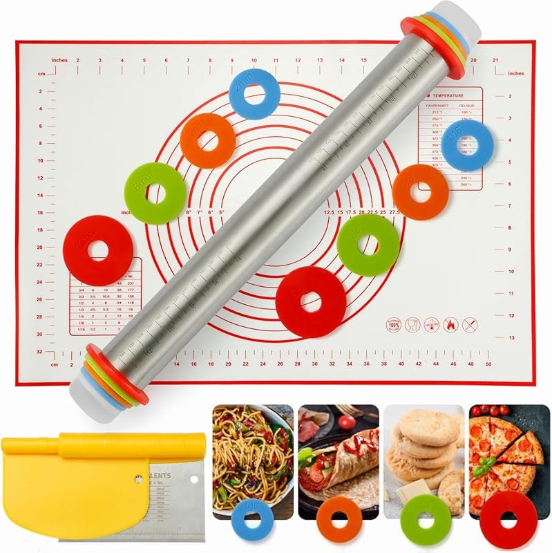 MIKULA Stainless Steel Rolling Pin with Thickness Rings & Silicone Mat