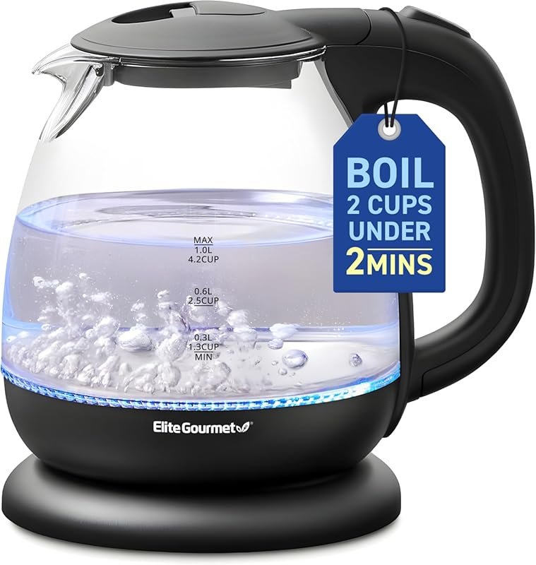 Elite Gourmet 1L Glass Electric Kettle with BPA-Free, Blue LED & Auto 