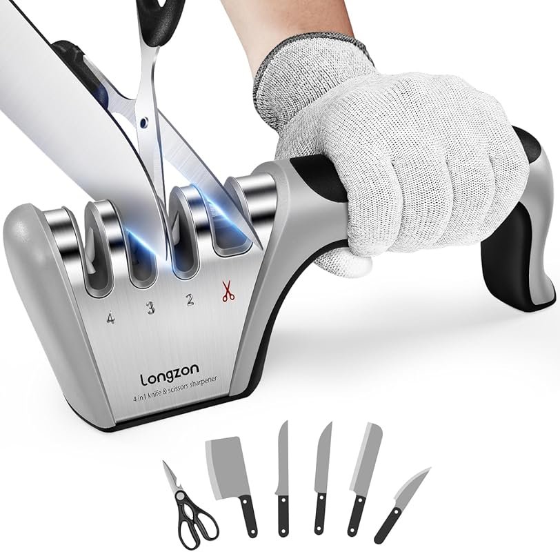 Longzon 5-in-1 4-Stage Knife Sharpener with Cut-Resistant Glove, Quick