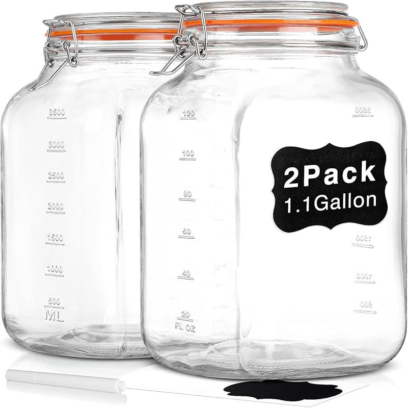 2 Pack 1.1 Gallon Square Wide Mouth Airtight Glass Storage Jars with M