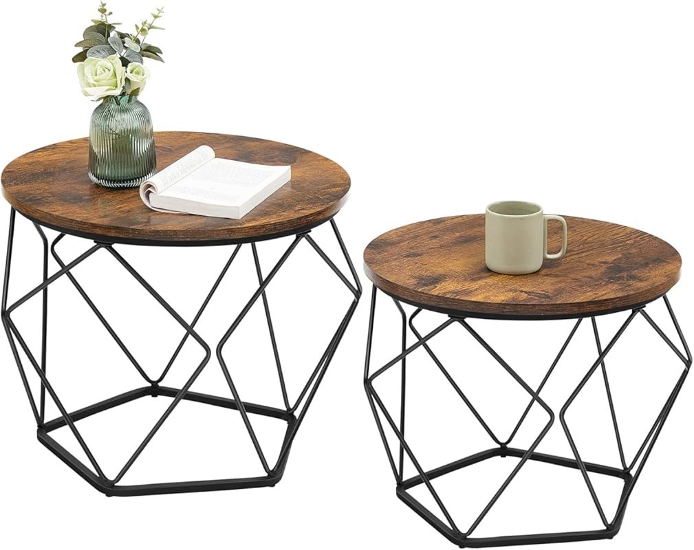VASAGLE Small Round Coffee Table Set of 2, Steel Frame End Table for L