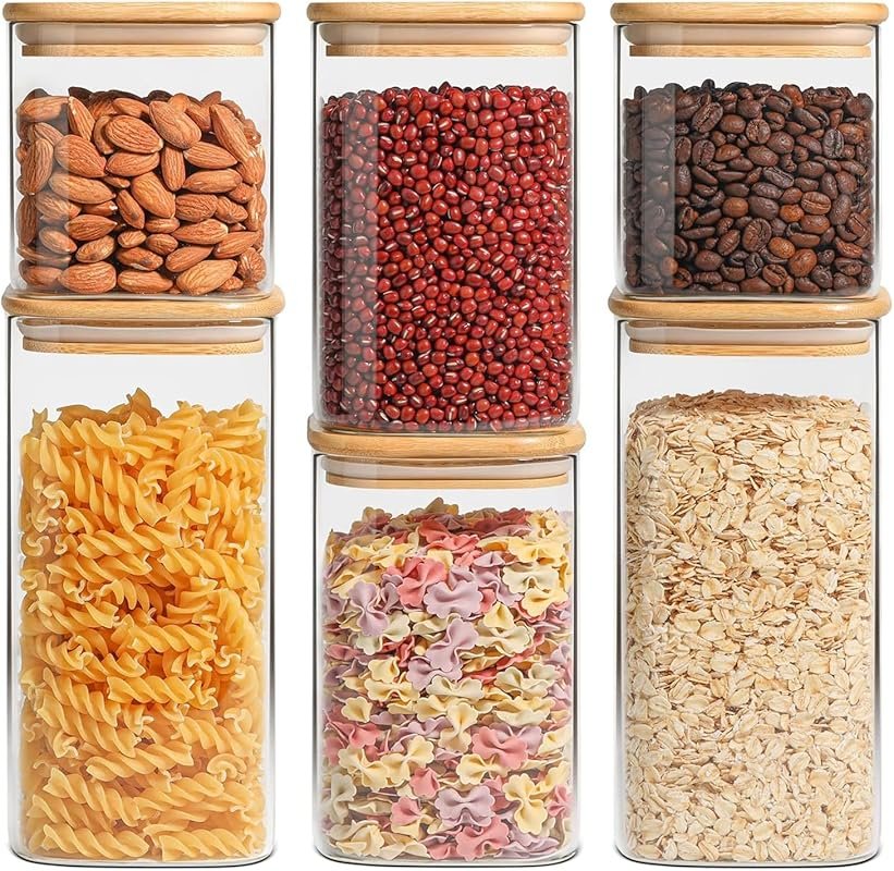 ComSaf Set of 6 Airtight Square Glass Canisters in Multiple Sizes for 