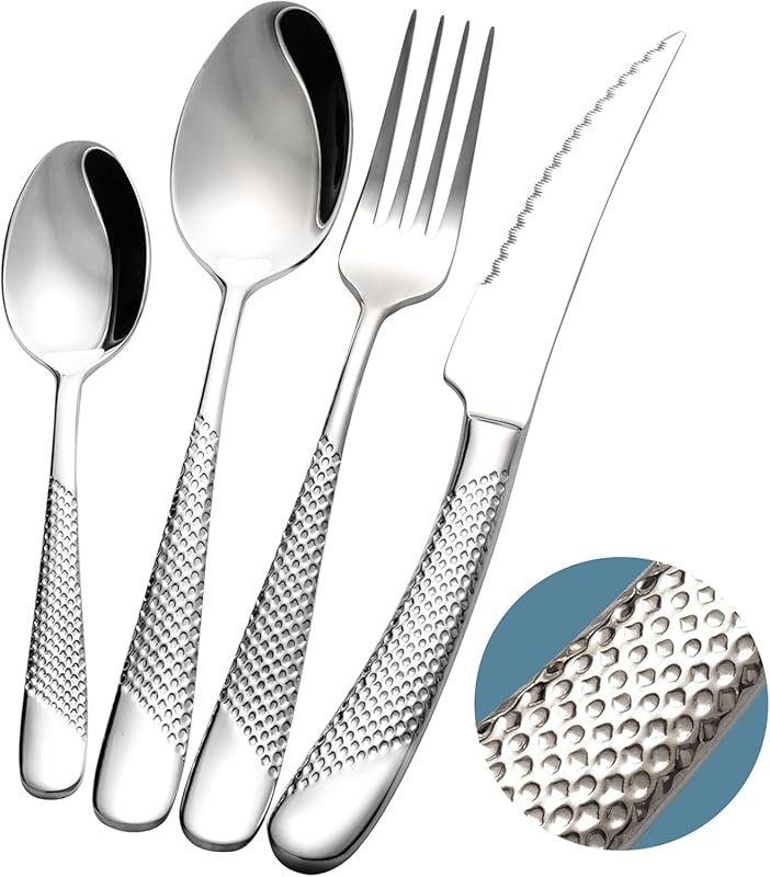 16-Piece Hammered Stainless Steel Silverware Set for 4, Ultra Sharp 2-