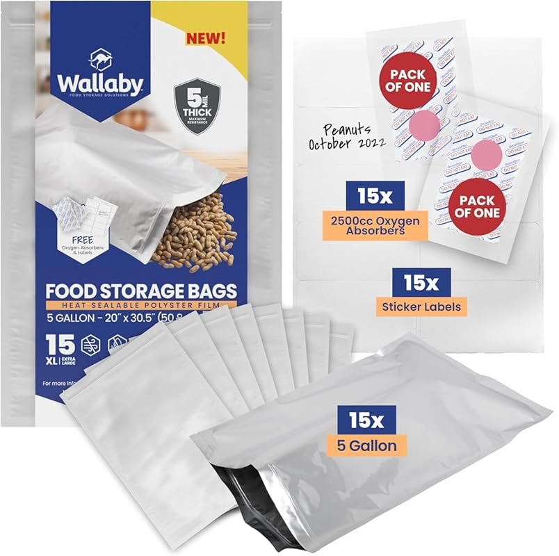 Wallaby 15 Count 5-Gallon Mylar Bags, 2500cc Oxygen Absorbers, 10 Mil 